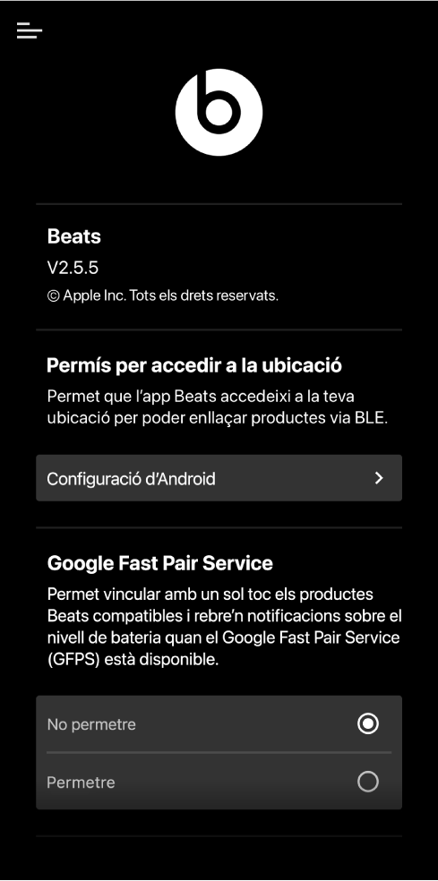 App Beats que mostra la pantalla “Selecciona el teu dispositiu Beats”