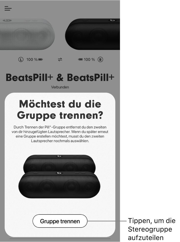 Beats-App mit der Karte „Gruppe trennen“