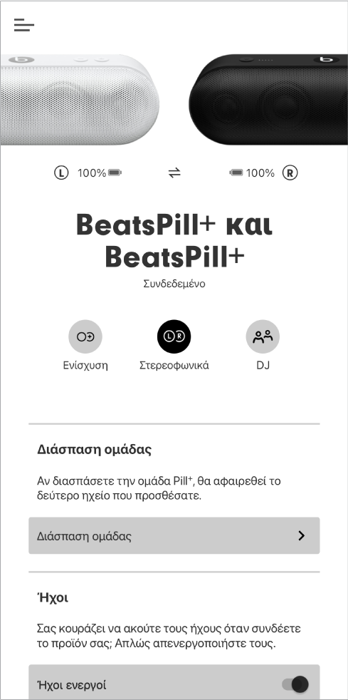 Οθόνη της εφαρμογής Beats σε λειτουργία Στερεοφωνικών