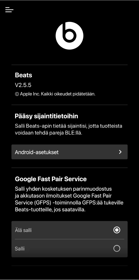Beats-sovellus, jossa näkyy Valitse Beatsisi -näyttö