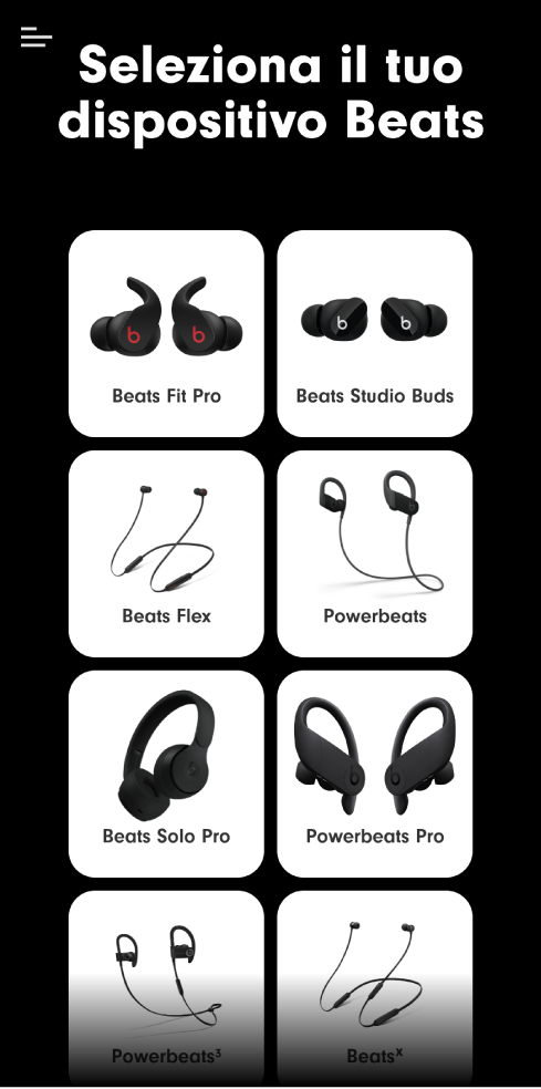 App Beats che mostra la schermata “Seleziona Beats”