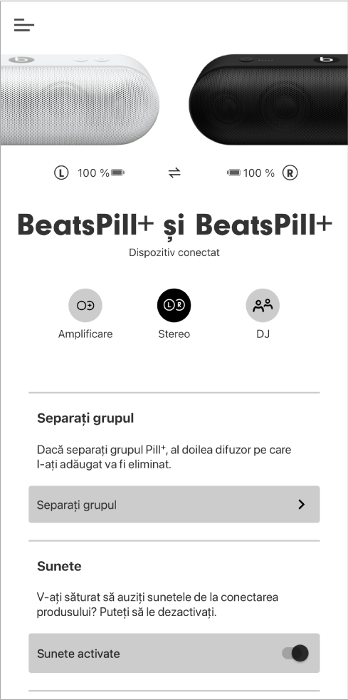Ecranul aplicației Beats în modul Stereo