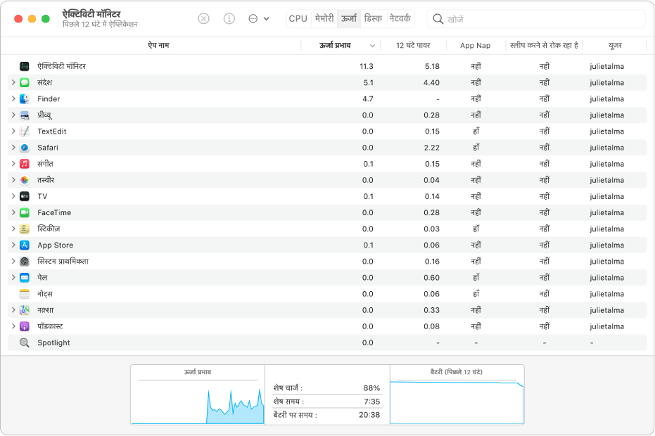 ऐक्टिविटी मॉनिटर का एनर्जी पेन। पेन में ऐप्स की सूची प्रदर्शित होती है, जिसमें स्तंभ में प्रदर्शित प्रत्येक के एनर्जी उपयोग के बारे में जानकारी होती है। विंडो के निचले भाग में ग्राफ़ में ऊर्जा के समग्र प्रभाव को दर्शाया जाता है।