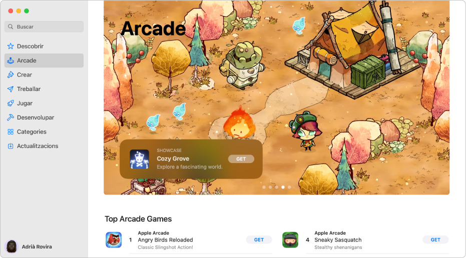 La pàgina principal de l’Apple Arcade. Al tauler de la dreta es mostra un joc popular i a sota apareixen altres jocs disponibles.