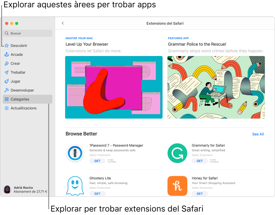 La pàgina “Extensions del Safari” de la Mac App Store. La barra lateral de l’esquerra inclou enllaços a altres pàgines: Descobrir, Arcade, Crear, Treballar, Jugar, Desenvolupar, Categories i Actualitzacions. A la dreta hi ha les extensions del Safari disponibles.