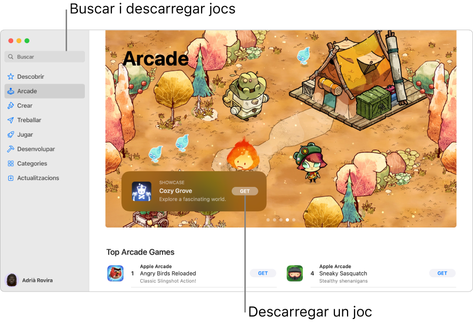 La pàgina principal de l’Apple Arcade. Al tauler de la dreta es mostra un joc popular i a sota apareixen altres jocs disponibles.