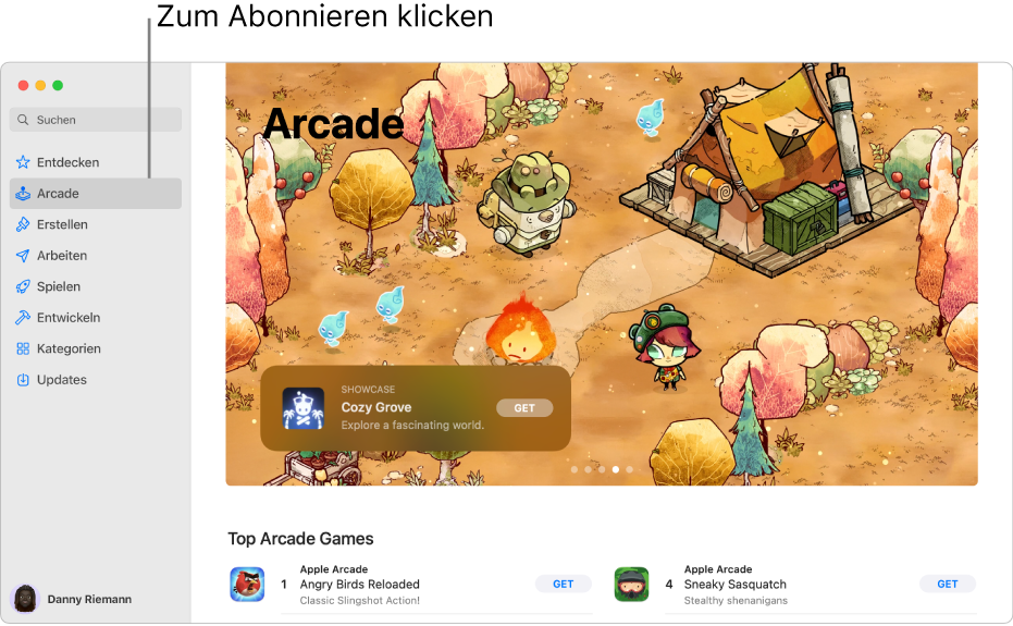Die Hauptseite von Apple Arcade Ein beliebtes Spiel wird rechts im Bereich gezeigt; darunter werden weitere verfügbare Spiele angezeigt.