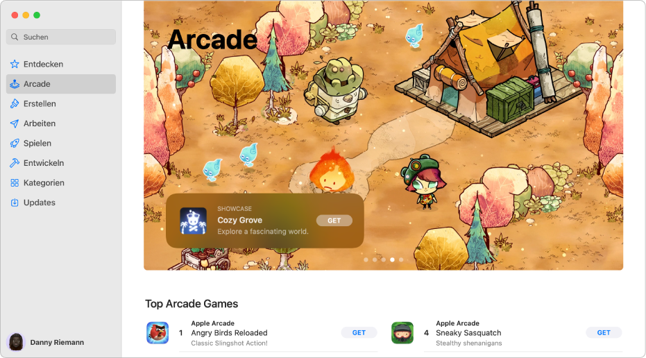 Die Hauptseite von Apple Arcade Ein beliebtes Spiel wird rechts im Bereich gezeigt; darunter werden weitere verfügbare Spiele angezeigt.