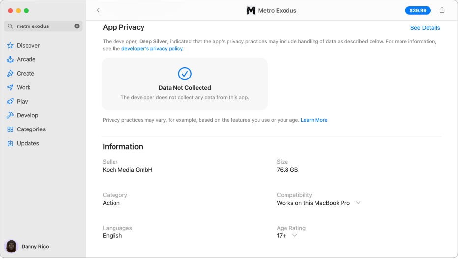 A portion of the main Mac App Store page, showing the privacy policy of the selected app’s developer: Data Used to Track You, Data Linked to You, and Data Not Linked to You.