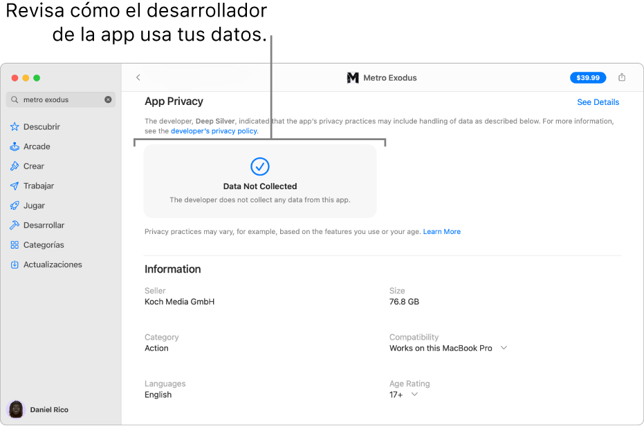 Una parte de la página principal de Mac App Store mostrando secciones de la política de privacidad de un desarrollador de apps seleccionado: “Datos utilizados para rastrearte”, “Datos asociados contigo” y “Datos no asociados contigo”.