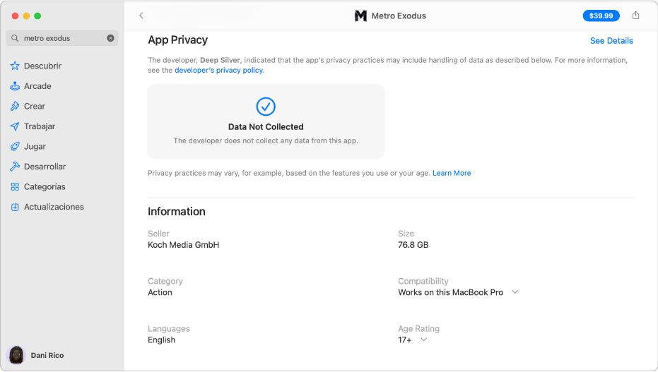 Una parte de la página principal de Mac App Store, en la que se muestra la política de privacidad del desarrollador de la app seleccionada: Datos utilizados para realizar un seguimiento de tu actividad, datos vinculados contigo y datos no vinculados contigo.