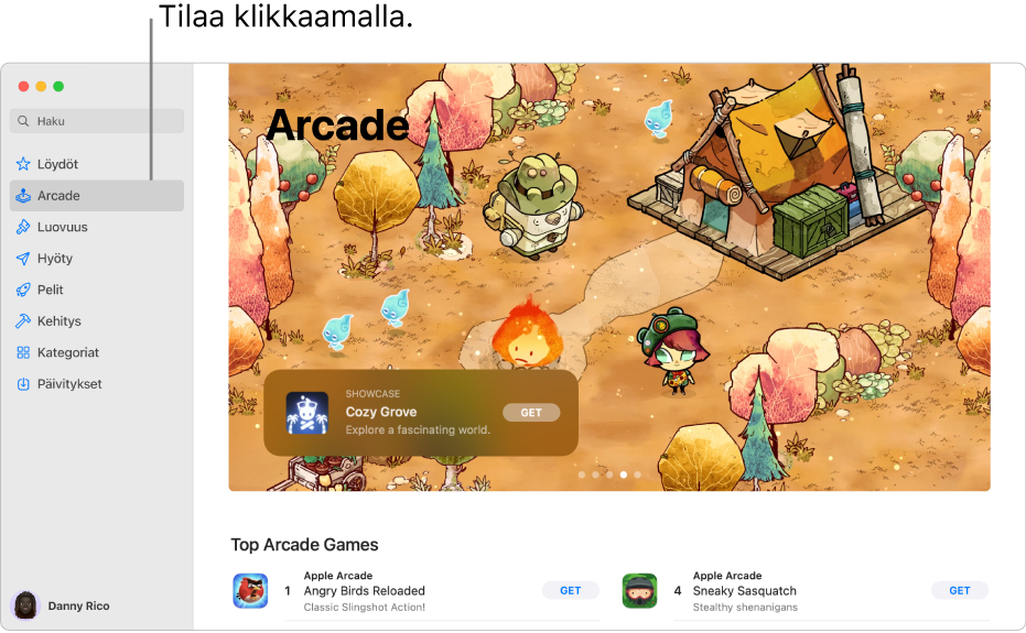 Apple Arcaden pääsivu. Suosittu peli näytetään oikeanpuoleisessa osiossa, ja muut saatavilla olevat pelit näytetään sen alapuolisella.