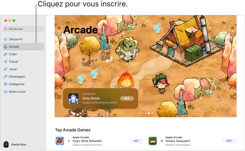 La page principale d’Apple Arcade. Un jeu populaire figure dans la sous-fenêtre de droite et d’autres jeux s’affichent en dessous.