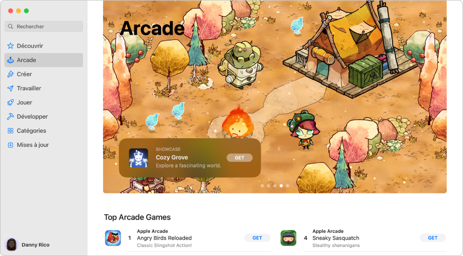 La page principale d’Apple Arcade. Un jeu populaire s’affiche dans la sous-fenêtre à droite, avec d’autres jeux disponibles affichés en dessous.