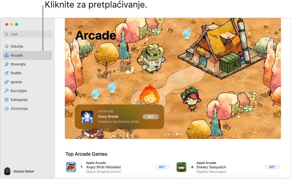 Glavna Apple Arcade stranica. U oknu s desne strane prikazana je popularna igra, a ostale dostupne igre prikazane su ispod.