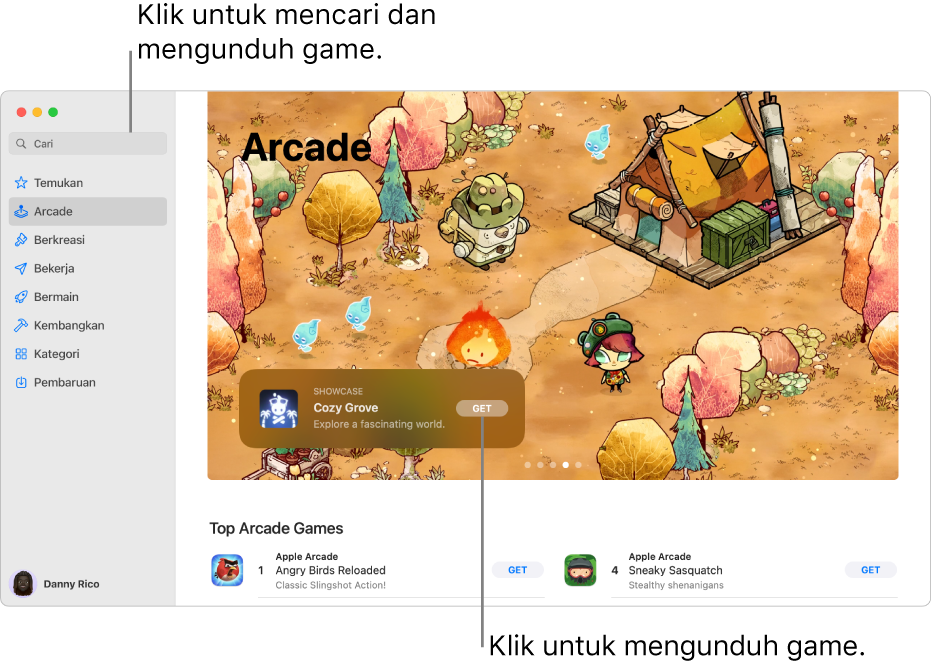 Halaman utama Apple Arcade. Game populer ditampilkan di panel di sebelah kanan, dengan game lainnya yang tersedia ditampilkan di bawah.