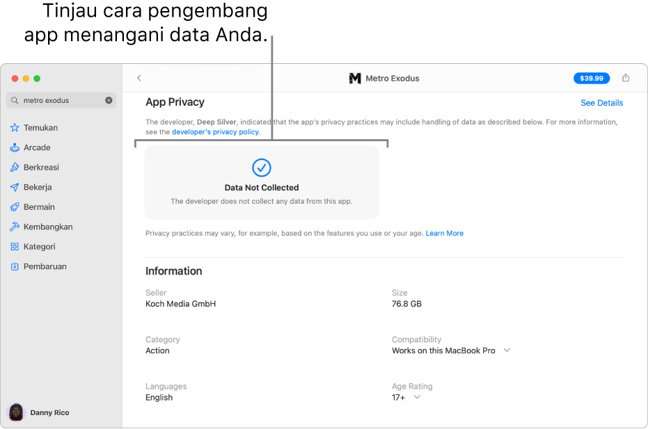 Sebagian halaman Mac App Store utama, menampilkan kebijakan privasi pengembang app yang dipilih: Data yang Digunakan untuk Melacak Anda, Data yang Ditautkan kepada Anda, Data yang Tidak Ditautkan kepada Anda.