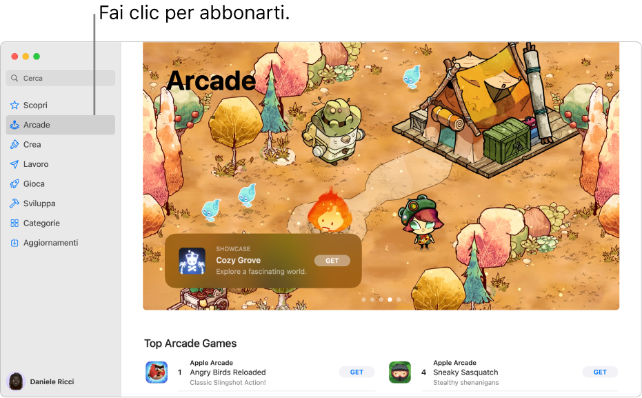 La pagina principale di Apple Arcade. Nel pannello sulla destra viene mostrato il gioco popolare, con altri giochi disponibili mostrati sotto.