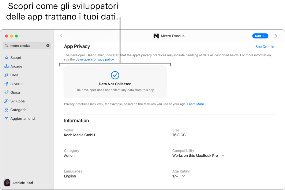 Una parte della pagina principale di Mac App Store, che mostra l'informativa sulla privacy dello sviluppatore dell'app selezionata: Dati utilizzati per monitorarti, dati associati a te e dati non collegati a te.