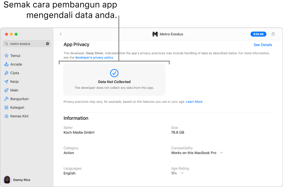 Sebahagian halaman Mac App Store utama, menunjukkan dasar privasi pembangun app yang dipilih: Data Digunakan untuk Menjejakkan Anda, Data Dipautkan kepada Anda dan Data Tidak Dipautkan kepada Anda.