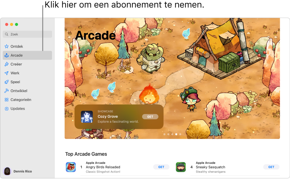 De beginpagina van Apple Arcade. In het paneel aan de rechterkant wordt een populaire game weergegeven, met daaronder andere beschikbare games.