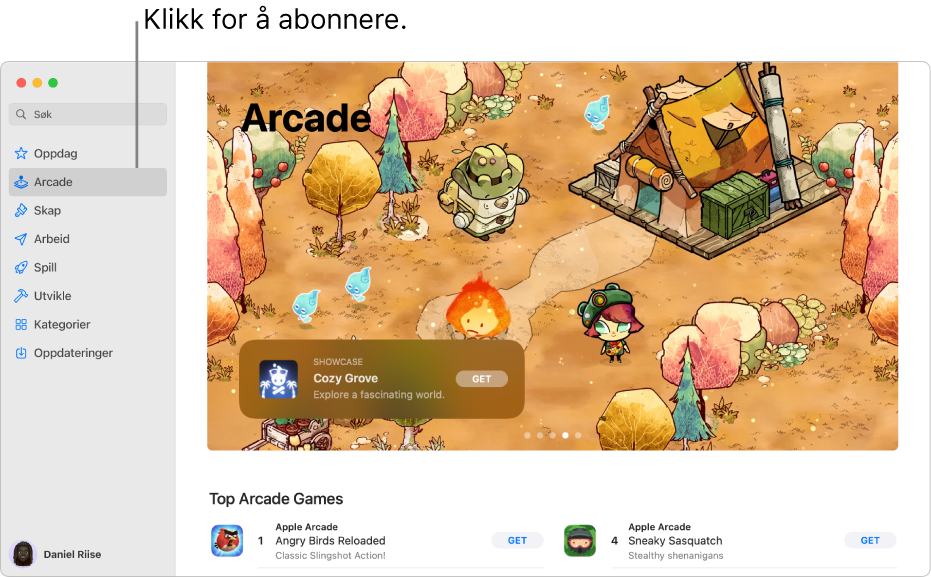 Hovedsiden for Apple Arcade. Et populært spill vises i panelet til høyre, med andre tilgjengelige spill som vises under.