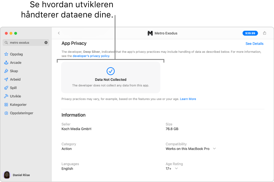 En del av hovedsiden for Mac App Store, som viser personvernpraksis for den utvalgte appens utvikler: Data brukt til å spore deg, Data koblet til deg og Data ikke koblet til deg.