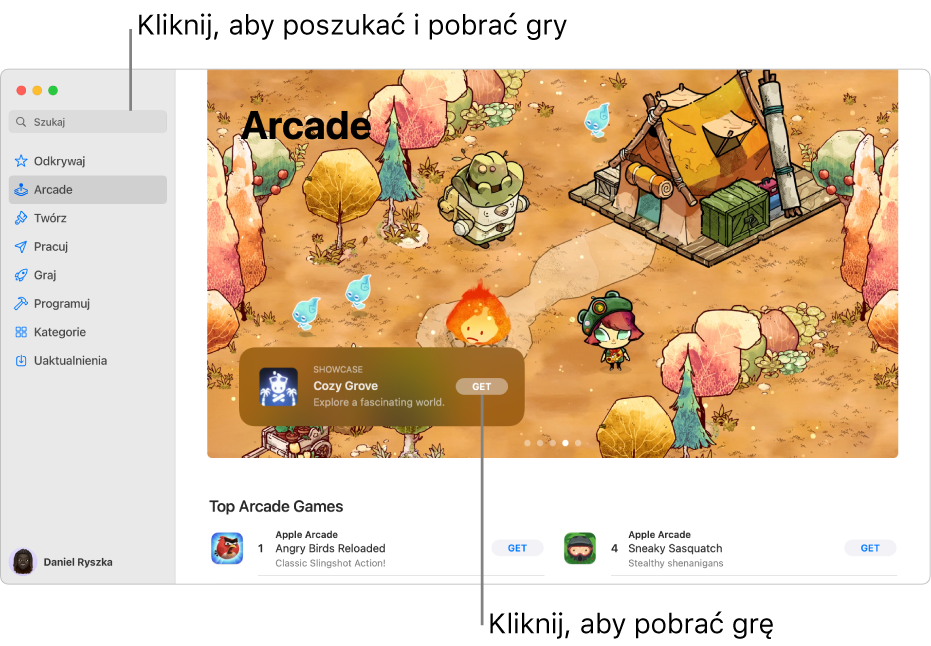 Strona główna Apple Arcade. W panelu po prawej widoczna jest popularna gra, a poniżej widoczne są inne dostępne gry.