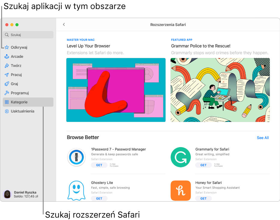 Strona z rozszerzeniami Safari w Mac App Store. Pasek boczny po lewej zawiera łącza do innych stron: Odkrywaj, Arcade, Twórz, Pracuj, Graj, Programuj, Kategorie i Uaktualnienia. Po prawej dostępne są rozszerzenia Safari.