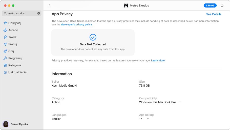 Część główna strony Mac App Store, na której pokazane są zasady prywatności dewelopera zaznaczonej aplikacji: Dane użyte do śledzenia Ciebie, Dane powiązane z Tobą oraz Dane niepowiązane z Tobą.