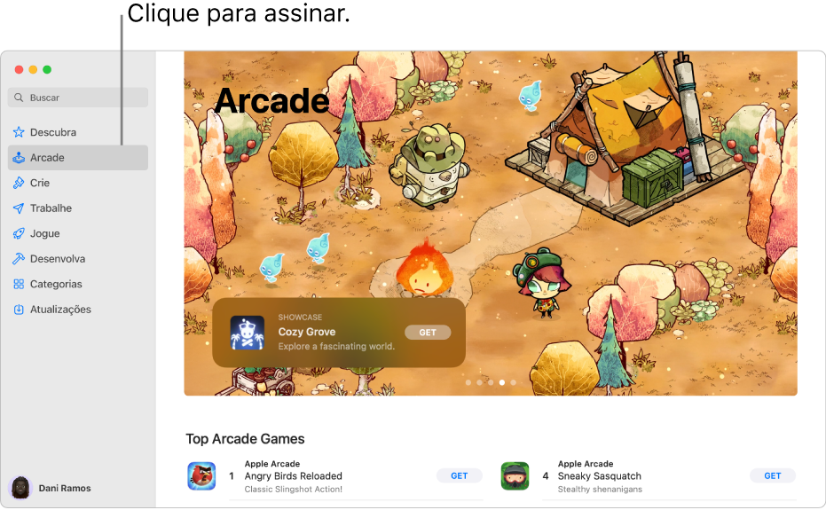 Página principal do Apple Arcade. Um jogo popular é mostrado no painel à direita, com outros jogos disponíveis mostrados abaixo.