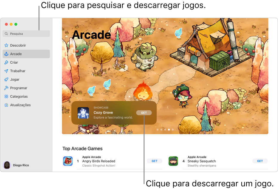 A página principal do Apple Arcade. É apresentado um jogo popular no painel à direita, com outros jogos disponíveis apresentados por baixo.
