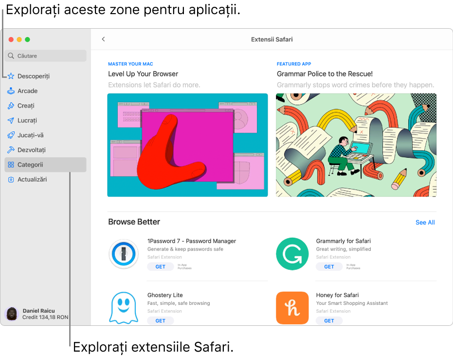 Pagina Extensii Safari din Mac App Store. Bara laterală din stânga include linkuri către alte pagini: Descoperiți, Arcade, Creați, Lucrați, Jucați-vă, Dezvoltați, Categorii și Actualizări. În dreapta se află extensiile Safari disponibile.