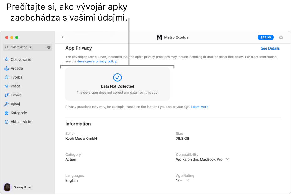 Časť hlavnej stránky obchodu Mac App Store zobrazujúca pravidlá ochrany súkromia vývojára vybratej apky: Dáta používané na vaše sledovanie, Dáta prepojené s vami a Dáta neprepojené s vami.