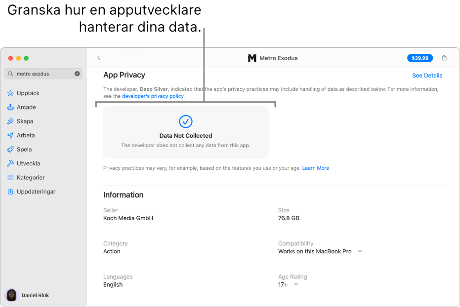 En del av huvudsidan i Mac App Store som visar integritetspolicyn för den valda appens utvecklare: Data används till att spåra dig, data länkas till dig och data länkas inte till dig.