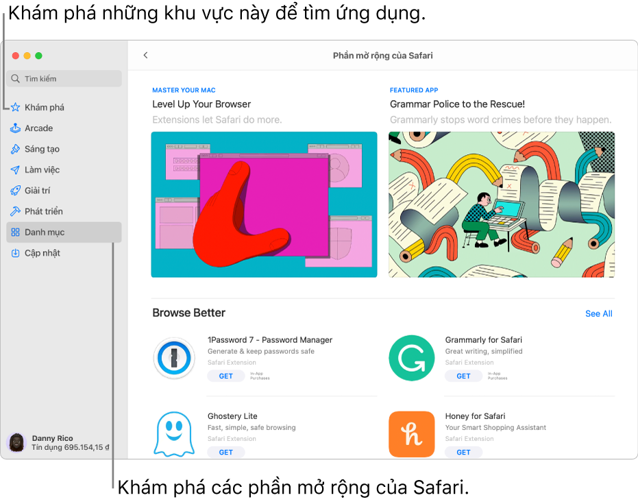Trang Phần mở rộng của Safari trên Mac App Store. Thanh bên ở bên trái bao gồm các liên kết đến các trang khác: Khám phá, Arcade, Sáng tạo, Làm việc, Giải trí, Phát triển, Danh mục và Cập nhật. Ở bên phải là các phần mở rộng có sẵn trong Safari.