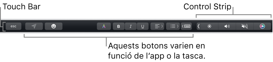 La Touch Bar, situada a la part superior del teclat, que mostra la Control Strip contreta, a la dreta, i botons que varien segons l'aplicació o la tasca.