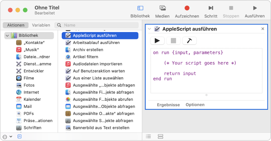 Das Automator-Fenster mit der Aktion AppleScript ausführen“