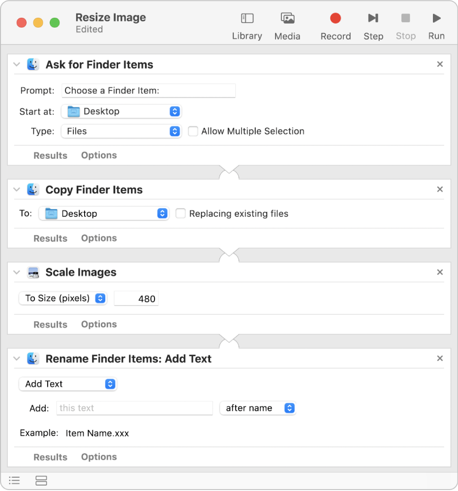 An Automator workflow with four actions.