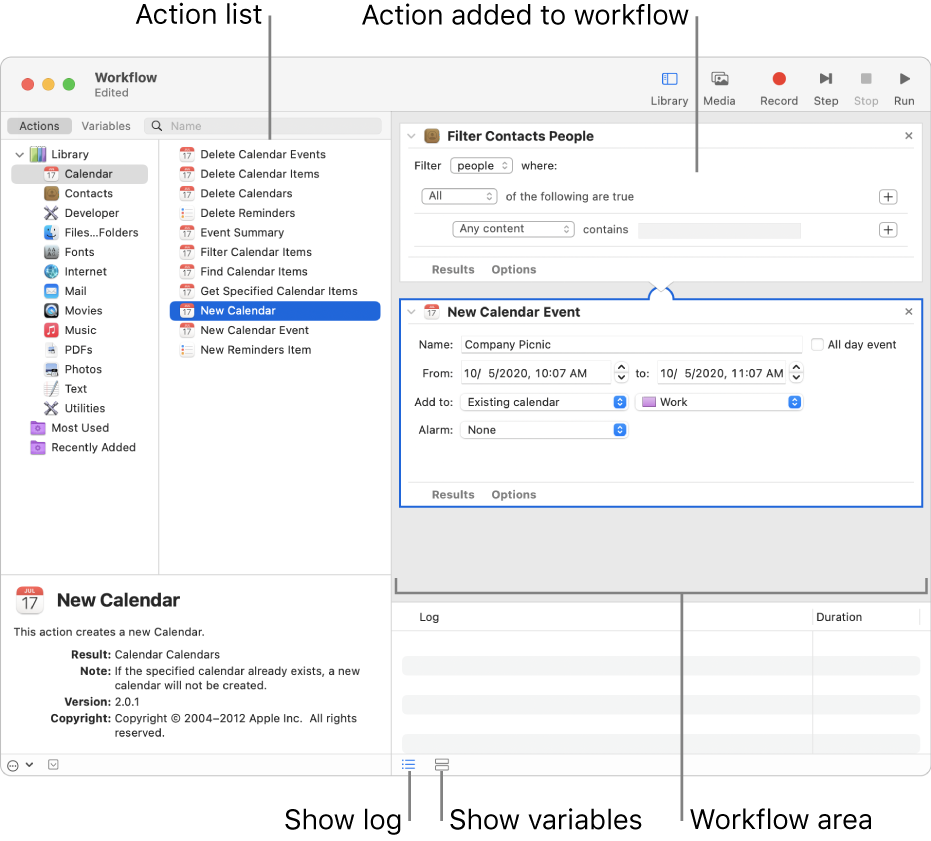 The Automator window. The Library appears at the far left, and contains a list of apps that Automator provides actions for. The Calendar app is selected in the list, and actions available in Calendar are listed in the column to the right. On the right side of the window is a workflow that has a Calendar action added to it.