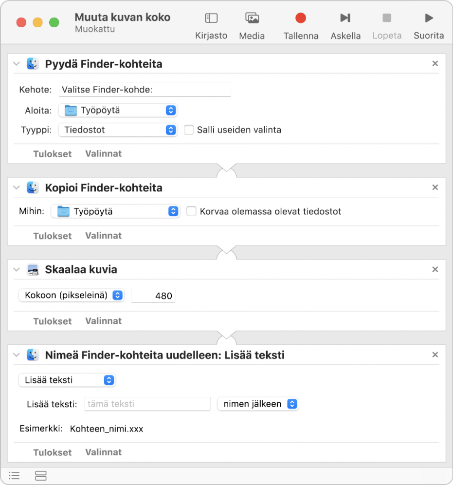Automator-työnkulku, jossa on neljä toimintoa.
