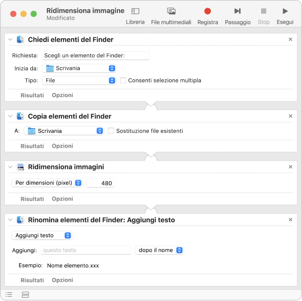 Un flusso di lavoro di Automator con quattro azioni.