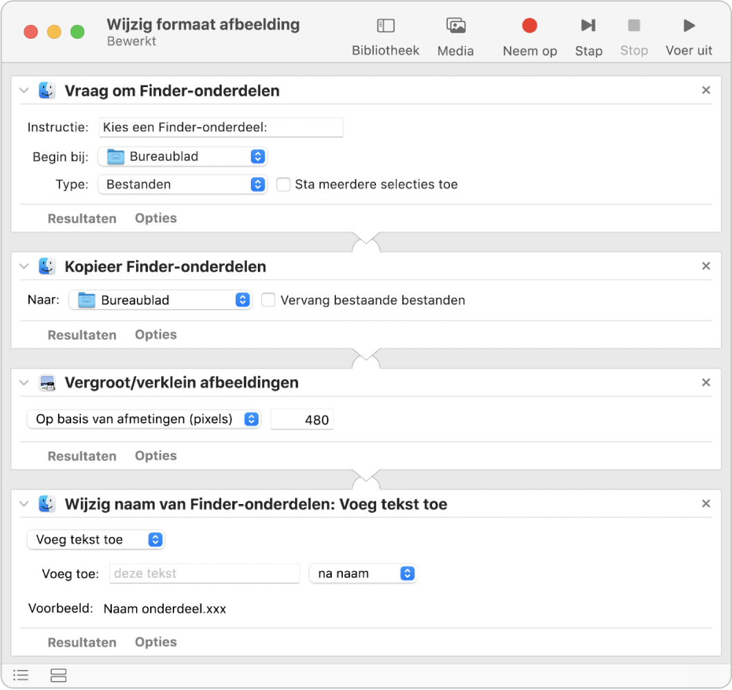 Een Automator-takenreeks met vier taken.