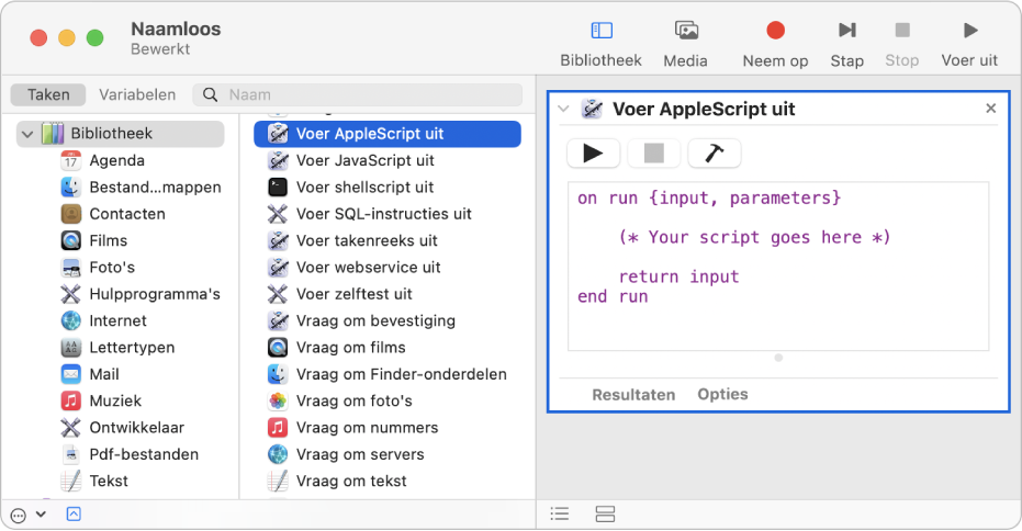 Het Automator-venster met de taak 'Voer AppleScript uit'.