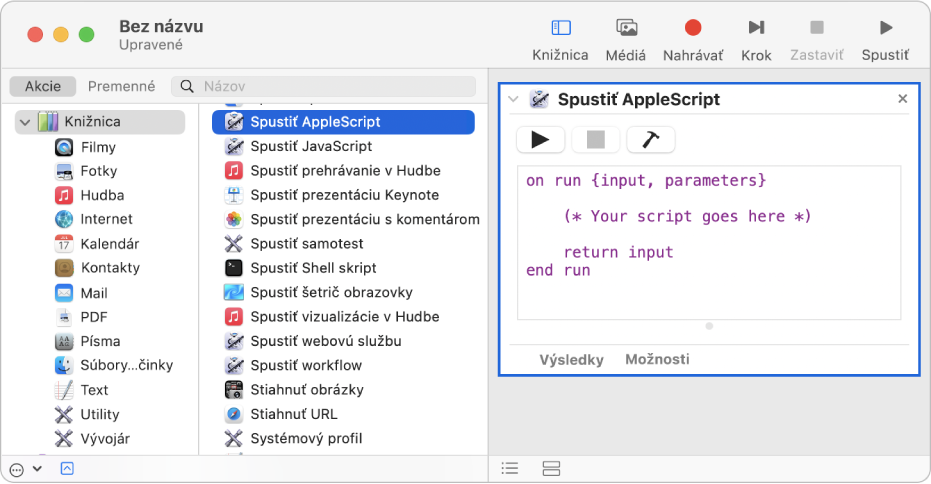 Okno aplikácie Automator s akciou Spustiť AppleScript.