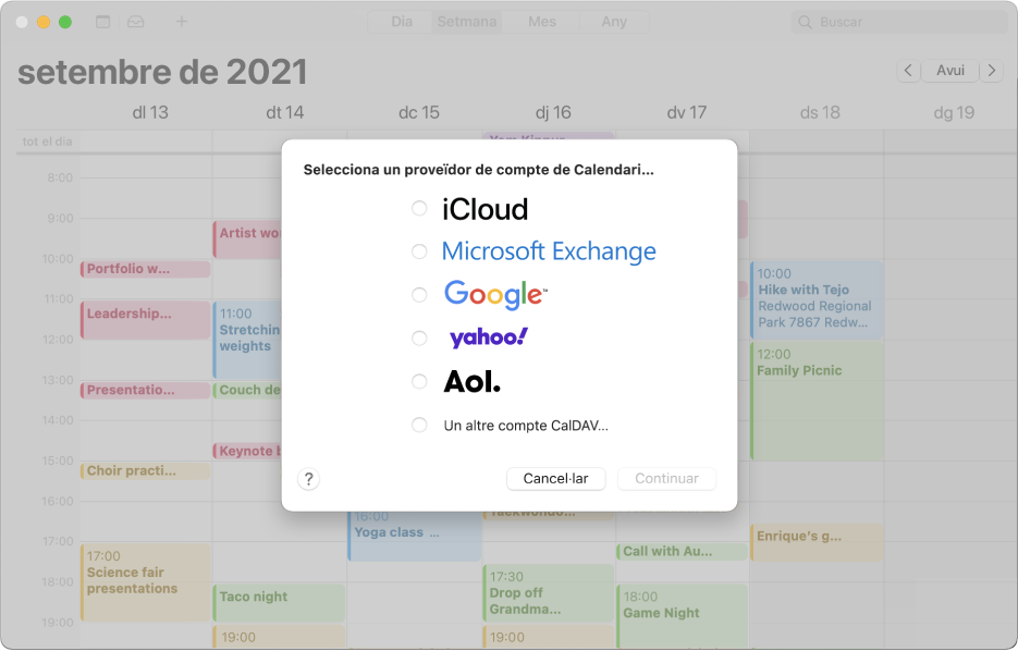 Finestra del Calendari amb el tauler “Afegir compte”.