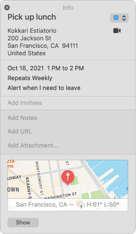 Okno „Informace“ aplikace Kalendář. Podrobnosti o události zobrazené včetně názvu místa konání a adresy na malé mapce.