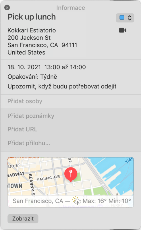 Okno „Informace“ aplikace Kalendář. Podrobnosti o události zobrazené včetně názvu místa konání a adresy na malé mapce.