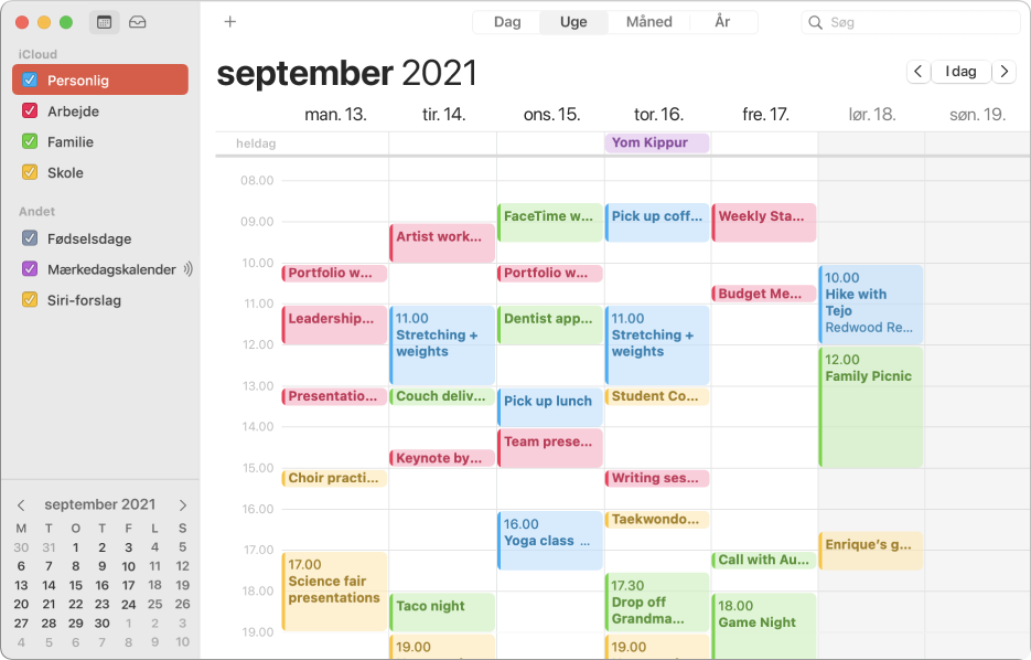 Et Kalendervindue i Månedsoversigt viser farvekodede personlige kalendere samt arbejds- og familiekalendere i indholdsoversigten under overskriften iCloud-konto.