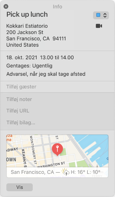 Infovindue til en kalenderbegivenhed. Oplysningerne om begivenheden vises, herunder lokalitetens navn og adresse og et lille kort.